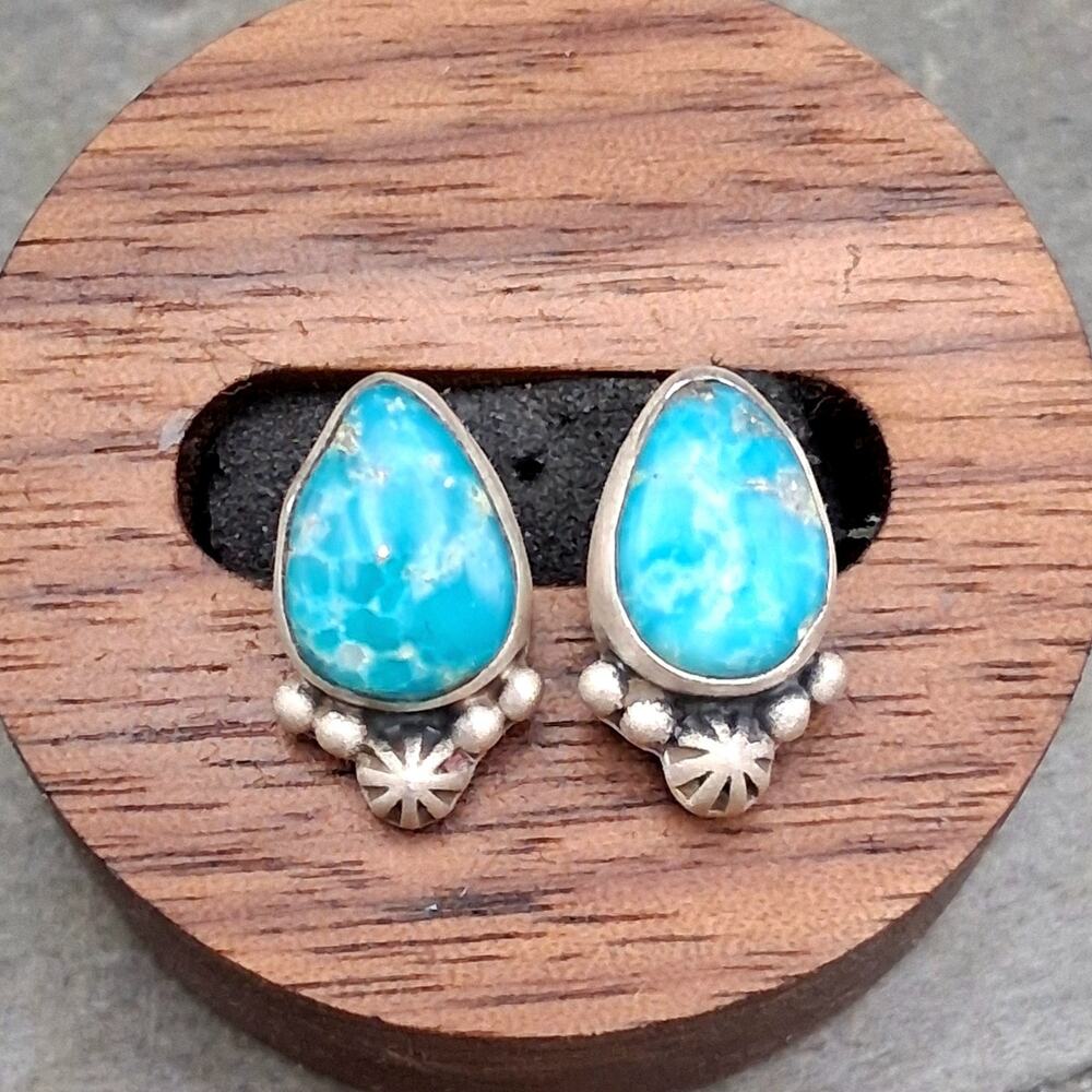 White Water Turquoise Stud Earrings Handmade Sterling Silver Southwestern